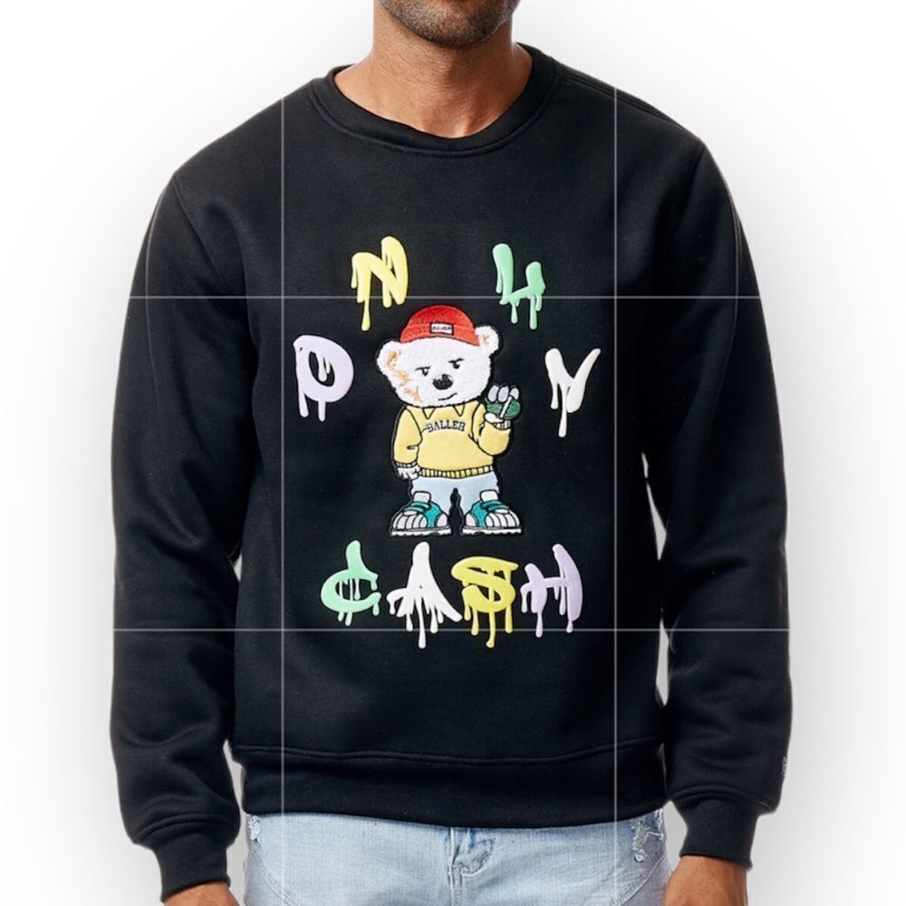BLEEKER & MERCER ONLY CASH BEAR BLACK PATCHED CREWNECK FLEECE SWEATSHIRT XXL